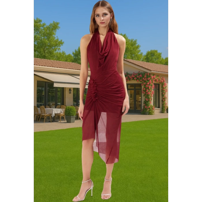 Aksesuar Detaylı Tül Astarlı Polyester Midi Abiye Elbise Rahat Kullanım Rahat Kullanım