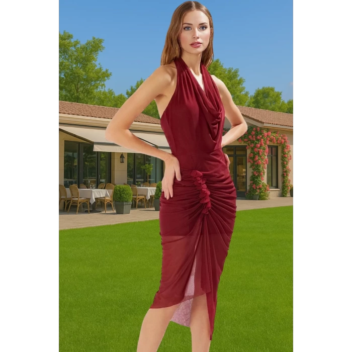 Aksesuar Detaylı Tül Astarlı Polyester Midi Abiye Elbise Rahat Kullanım Rahat Kullanım
