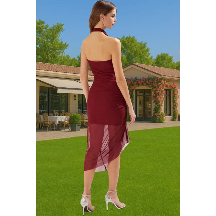 Aksesuar Detaylı Tül Astarlı Polyester Midi Abiye Elbise Rahat Kullanım Rahat Kullanım
