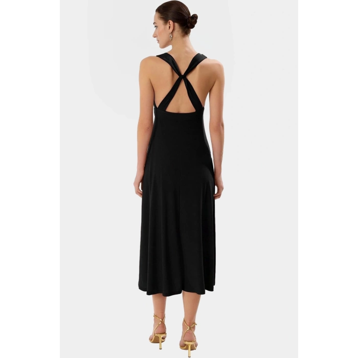 Aksesuar Detaylı V Yaka Bodycon Elbise Örme Kumaş Midi Boy Nefes Alabilir Kaliteli İşçilik