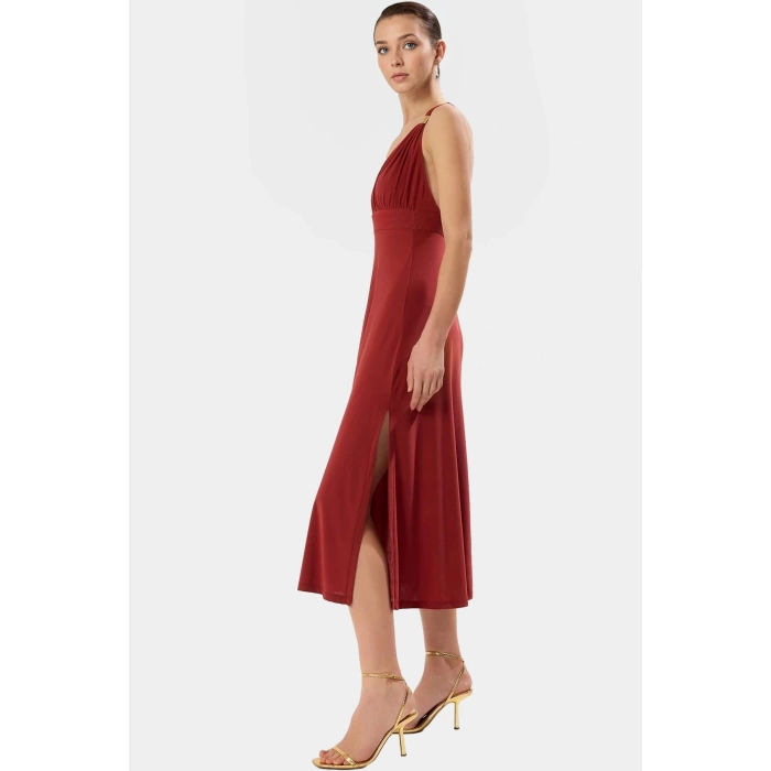Aksesuar Detaylı V Yaka Bodycon Elbise Örme Kumaş Midi Boy Nefes Alabilir Kaliteli İşçilik