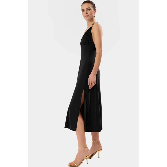 Aksesuar Detaylı V Yaka Bodycon Elbise Örme Kumaş Midi Boy Nefes Alabilir Kaliteli İşçilik