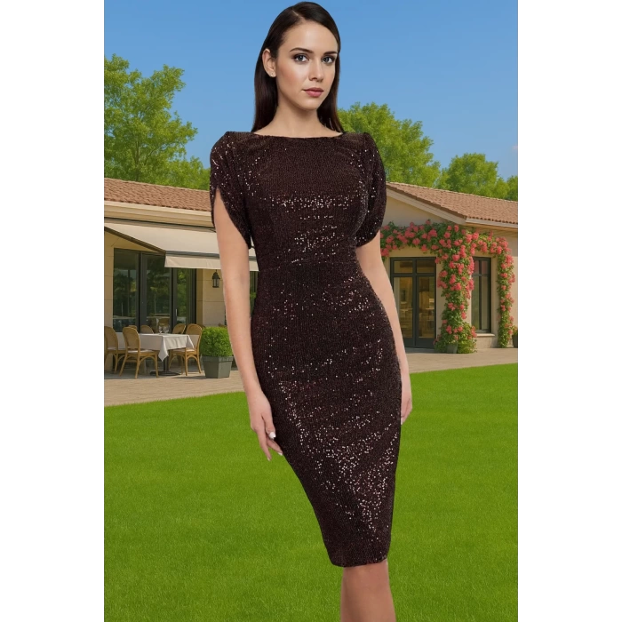 Altın Örme Payet Abiye Elbise Astarlı Bodycon Kalıp Kısa Kollu Şık Görünüm Konforlu Kesim