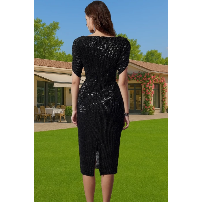 Altın Örme Payet Abiye Elbise Astarlı Bodycon Kalıp Kısa Kollu Şık Görünüm Konforlu Kesim