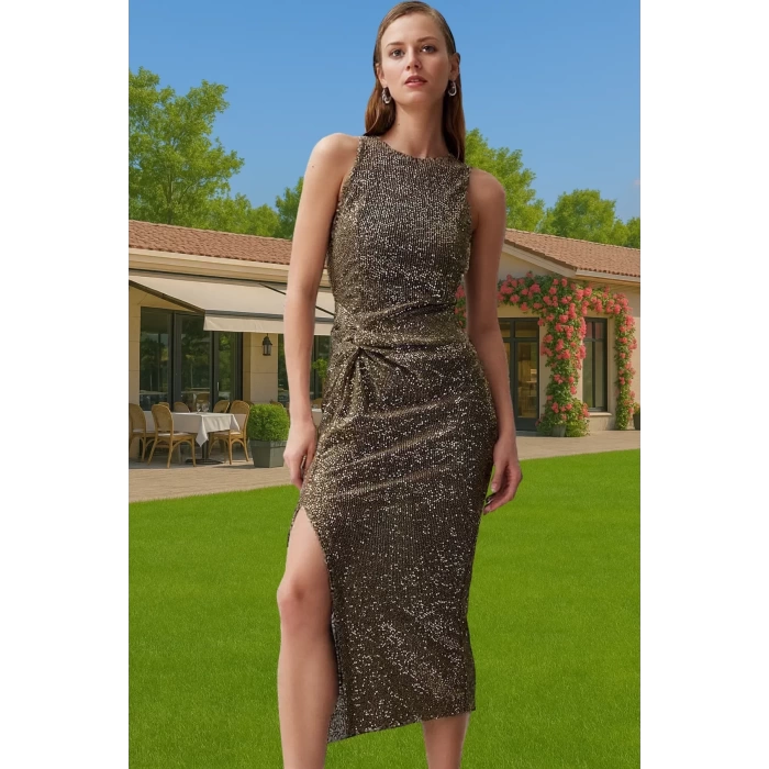 Altın Parıltılı Örme Bodycon Abiye Elbise Yazlık Özel Günler İçin Uzun Ömürlü Özenle Seçilmiş