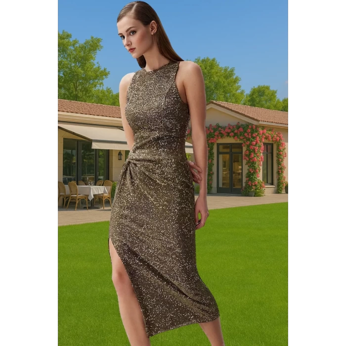 Altın Parıltılı Örme Bodycon Abiye Elbise Yazlık Özel Günler İçin Uzun Ömürlü Özenle Seçilmiş