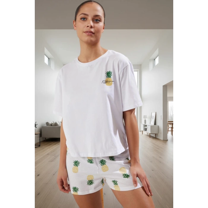 Ananas Desenli Pamuklu Pijama Takımı Rahat Nefes Alan Yazlık Yüksek Kalite Modern Stil