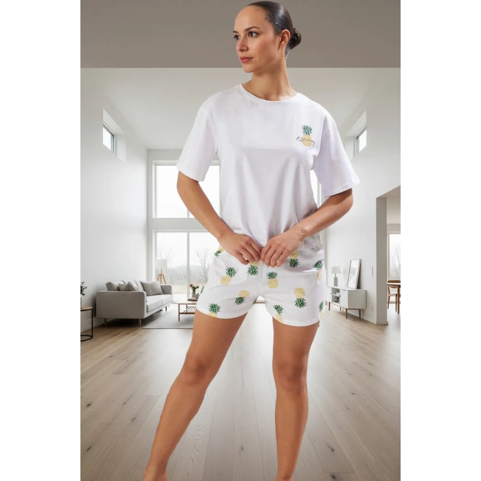 Ananas Desenli Pamuklu Pijama Takımı Rahat Nefes Alan Yazlık Yüksek Kalite Modern Stil