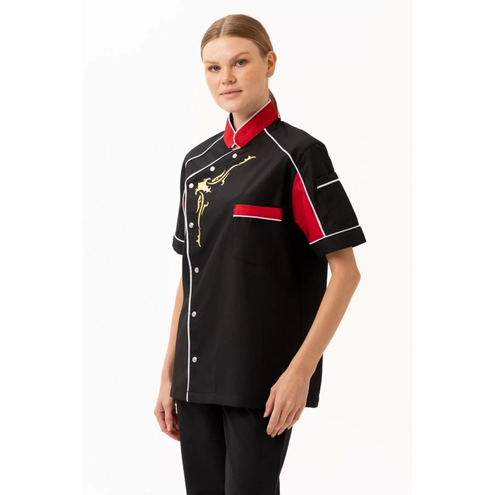 Aşçı Ceketi Kisa Kollu SiyahKırmızı 75 Polyester Evereste Şef Nefes Alabilir Hafif Şık Tasarım