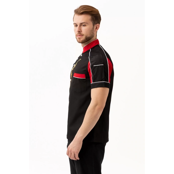 Aşçı Ceketi Kisa Kollu SiyahKırmızı 75 Polyester Evereste Şef Nefes Alabilir Hafif Şık Tasarım