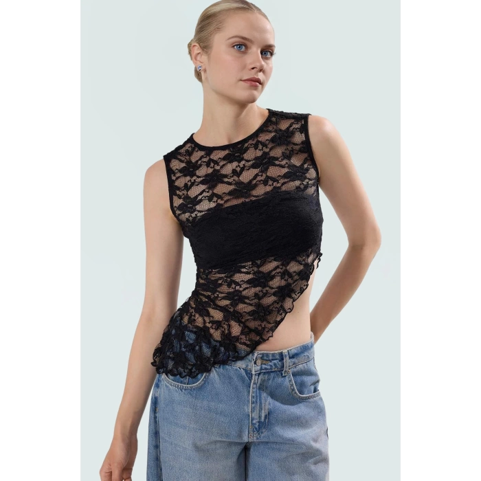 Asimetrik Dantel Örme Bluz Renk Kolsuz Fitted Yazlık Rahat Zarifane Tasarım