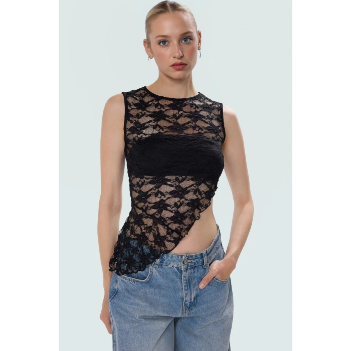 Asimetrik Dantel Örme Bluz Renk Kolsuz Fitted Yazlık Rahat Zarifane Tasarım