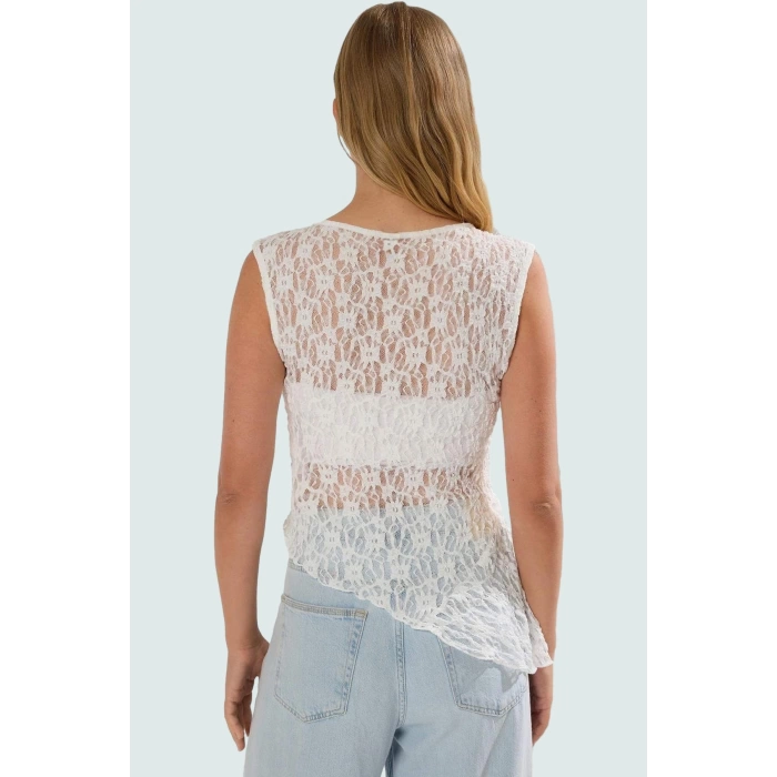 Asimetrik Dantel Örme Bluz Renk Kolsuz Fitted Yazlık Rahat Zarifane Tasarım
