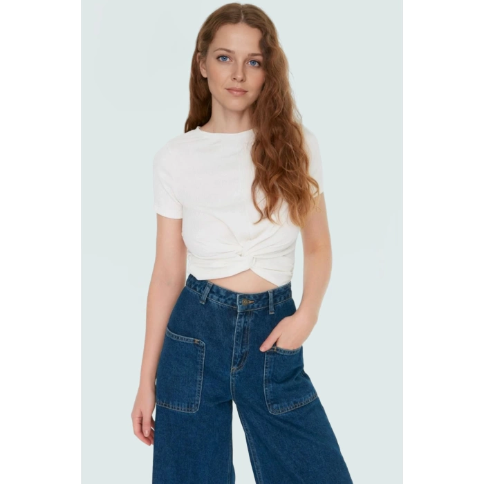 Asimetrik Kesim Örme Bluz Polyester Kumaş Kemersiz Rahat Kullanım Zarifane Tasarım