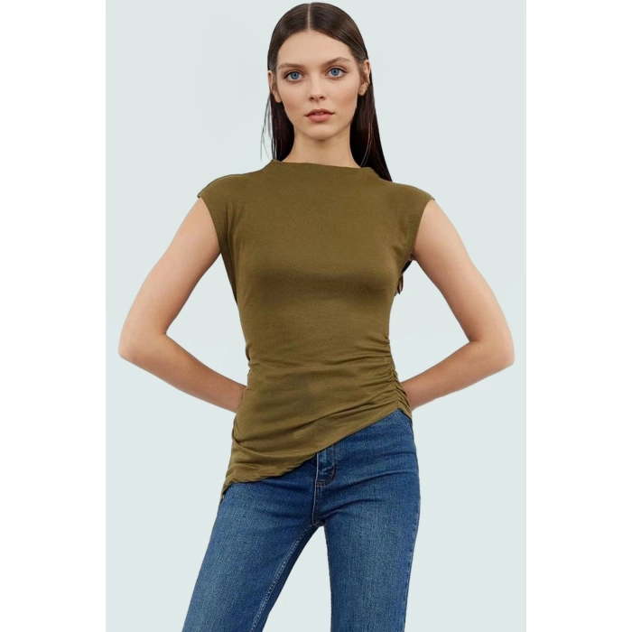 Asimetrik Kolsuz Bluz Viskoz Elastan Yazlık Fitted Dik Yaka Şık Görünüm Günlük Kullanım İçin