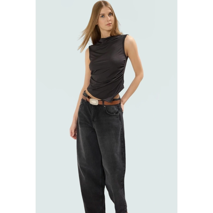 Asimetrik Kolsuz Fitted Bluz Çok Desenli Polyester Yazlık Konforlu Kesim Özel Tasarım