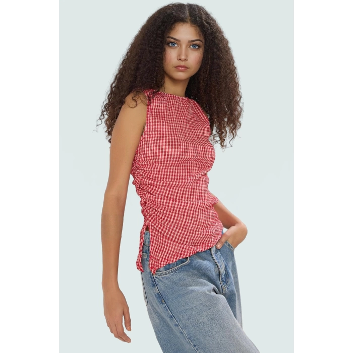 Asimetrik Kolsuz Örme Bluz Jakarlı Dokuma Polyester Kumaş Rahat Kullanım