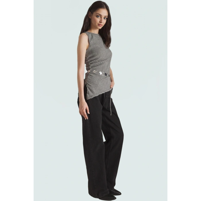Asimetrik Kolsuz Örme Bluz Jakarlı Dokuma Polyester Kumaş Rahat Kullanım