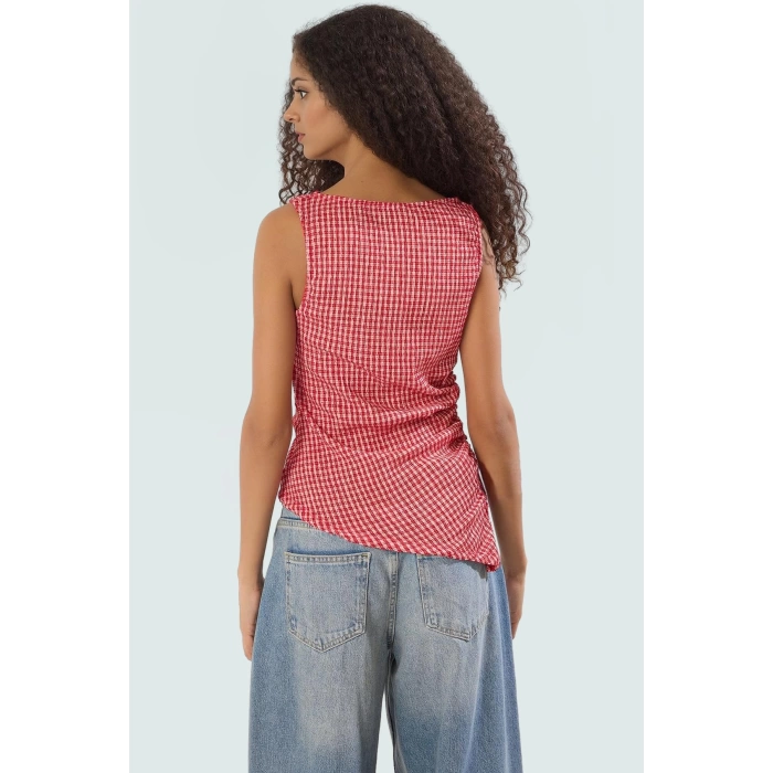 Asimetrik Kolsuz Örme Bluz Jakarlı Dokuma Polyester Kumaş Rahat Kullanım