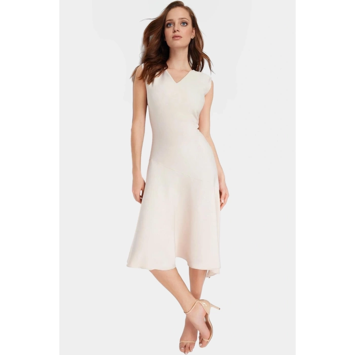 Asimetrik Midi Dokuma Elbise V Yaka Polyester Elastan Yüksek Kalite Modern Stil Şık Görünüm