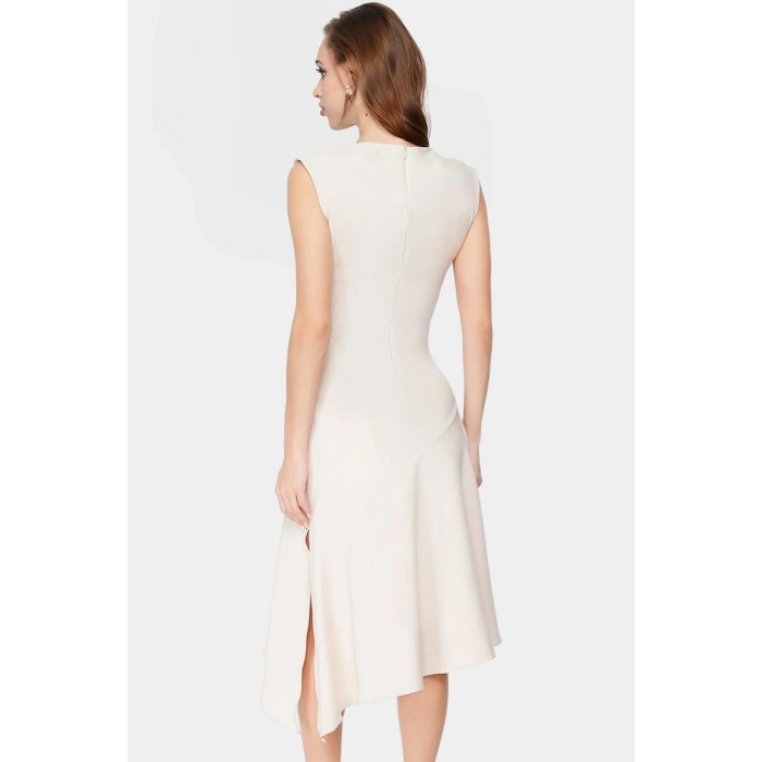 Asimetrik Midi Dokuma Elbise V Yaka Polyester Elastan Yüksek Kalite Modern Stil Şık Görünüm