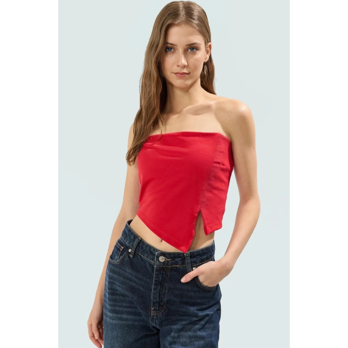 Asimetrik Straplez Crop Bluz Fitted Kalıp Polyester Yazlık Uzun Ömürlü Rahat Ve Şık