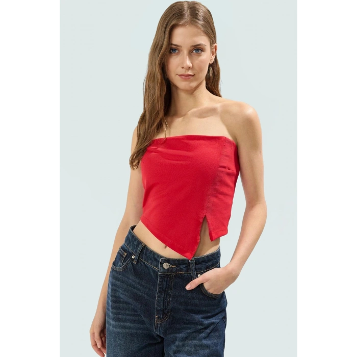Asimetrik Straplez Crop Bluz Fitted Kalıp Polyester Yazlık Uzun Ömürlü Rahat Ve Şık