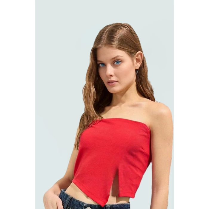 Asimetrik Straplez Crop Bluz Fitted Kalıp Polyester Yazlık Uzun Ömürlü Rahat Ve Şık