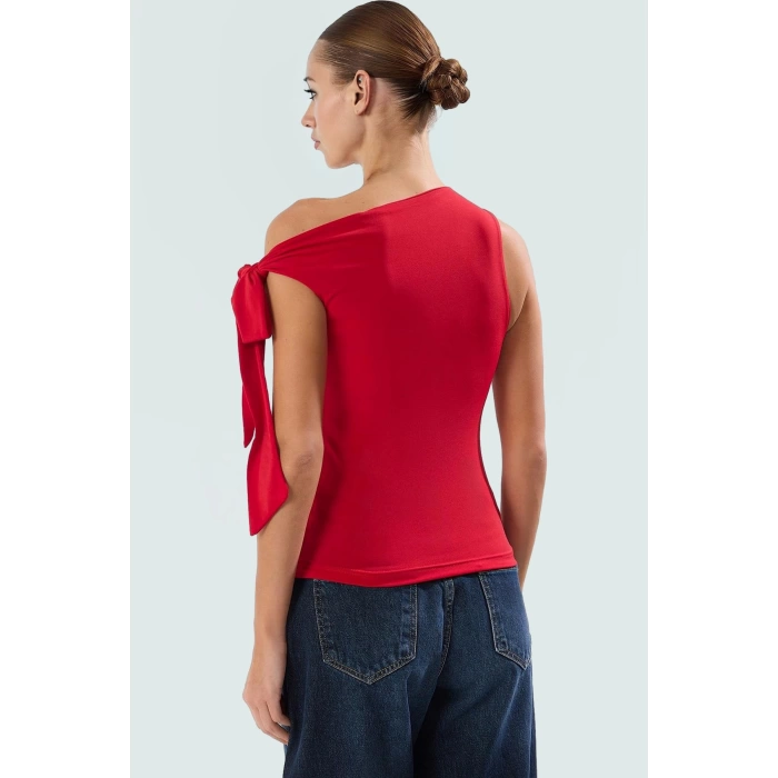 Asimetrik Yaka Bağlama Detaylı Fitted Örme Bluz Yazlık Günlük Uzun Ömürlü Kaliteli İşçilik