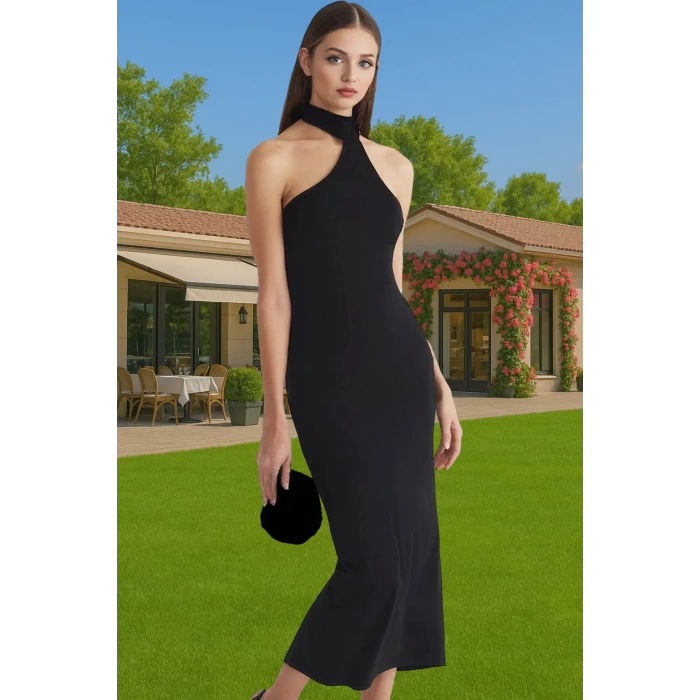 Asimetrik Yaka Bodycon Örme Midi Elbise Özel Günler İçin Zarifane Tasarım Yüksek Kalite Modern Stil