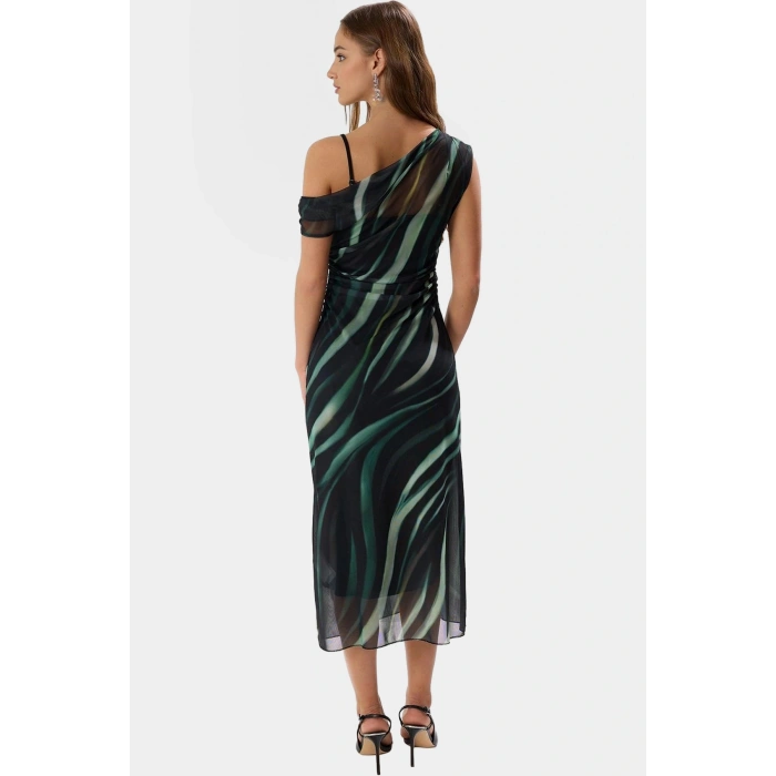 Asimetrik Yaka Çiçekli Desenli Midi Tül Elbise Polyester Elastan Kaliteli İşçilik Özel Tasarım
