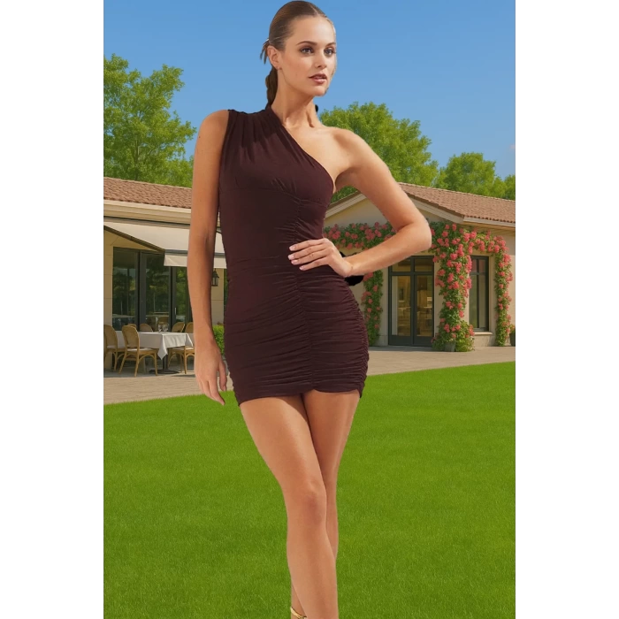 Asimetrik Yaka Drapeli Mini Elbise Polyester Elastan Yazlık Dayanıklı Malzeme Premium Kalite