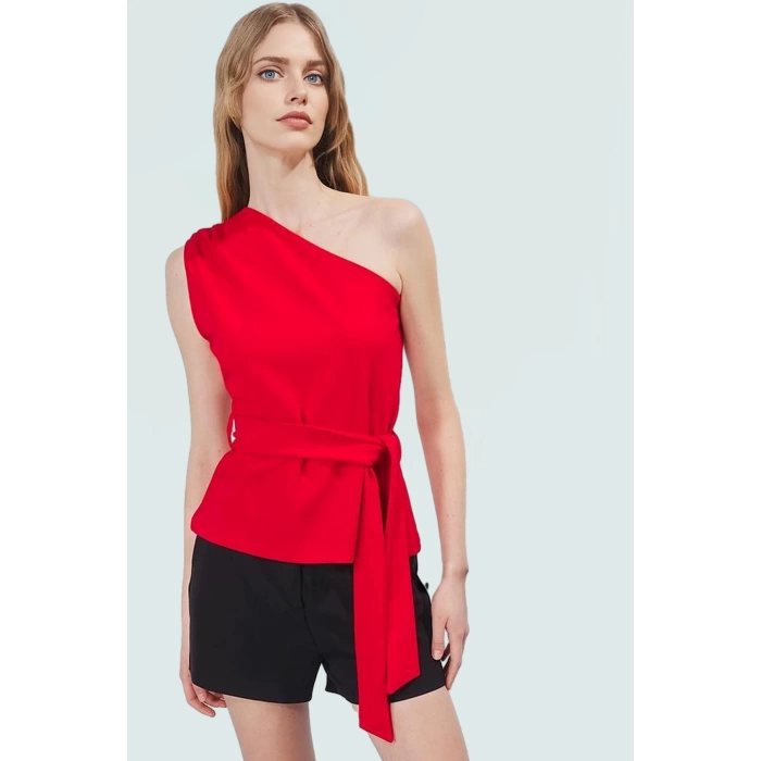 Asimetrik Yaka Fitted Krep Bluz Bel Kuşağı Detaylı Günlük Kullanım İçin Uzun Ömürlü