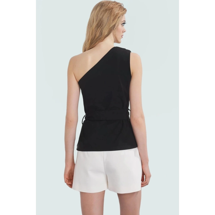 Asimetrik Yaka Fitted Krep Bluz Bel Kuşağı Detaylı Günlük Kullanım İçin Uzun Ömürlü