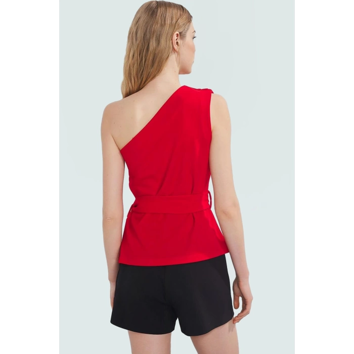 Asimetrik Yaka Fitted Krep Bluz Bel Kuşağı Detaylı Günlük Kullanım İçin Uzun Ömürlü