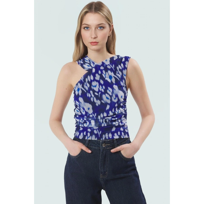 Asimetrik Yaka Leopar Desenli Örme Bluz Fitted Kalıp Yaz için Günlük Kullanım İçin Modern Stil