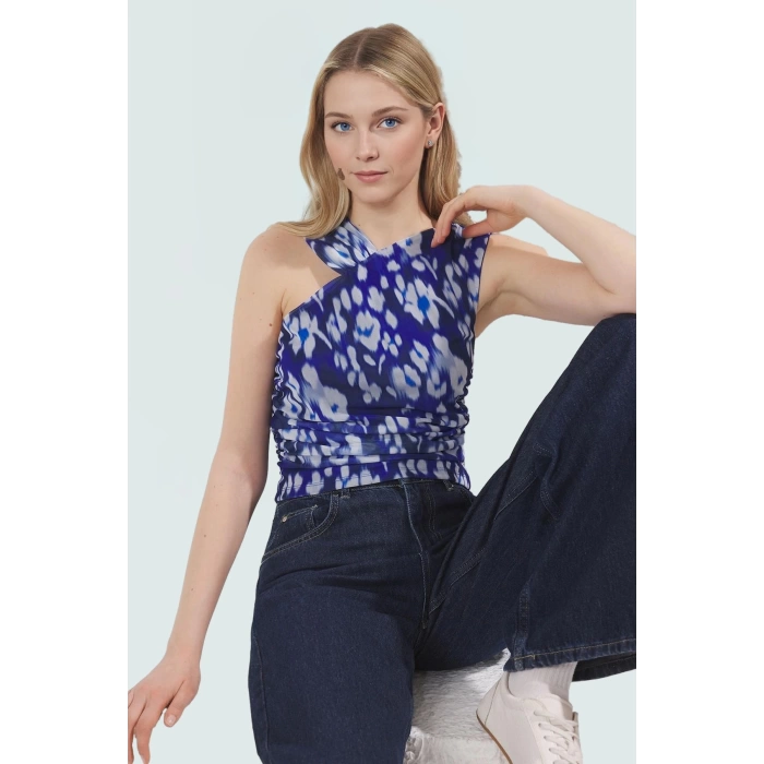 Asimetrik Yaka Leopar Desenli Örme Bluz Fitted Kalıp Yaz için Günlük Kullanım İçin Modern Stil