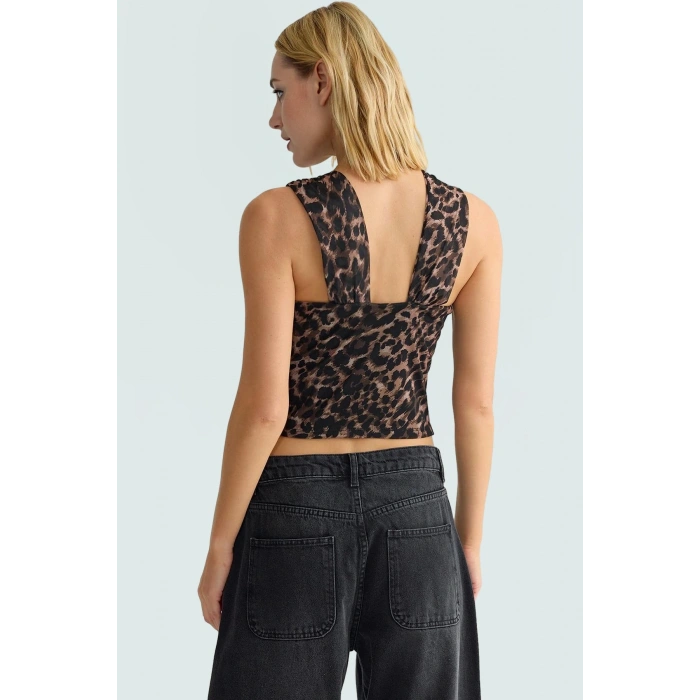 Asimetrik Yaka Leopar Desenli Örme Bluz Fitted Kalıp Yaz için Günlük Kullanım İçin Modern Stil