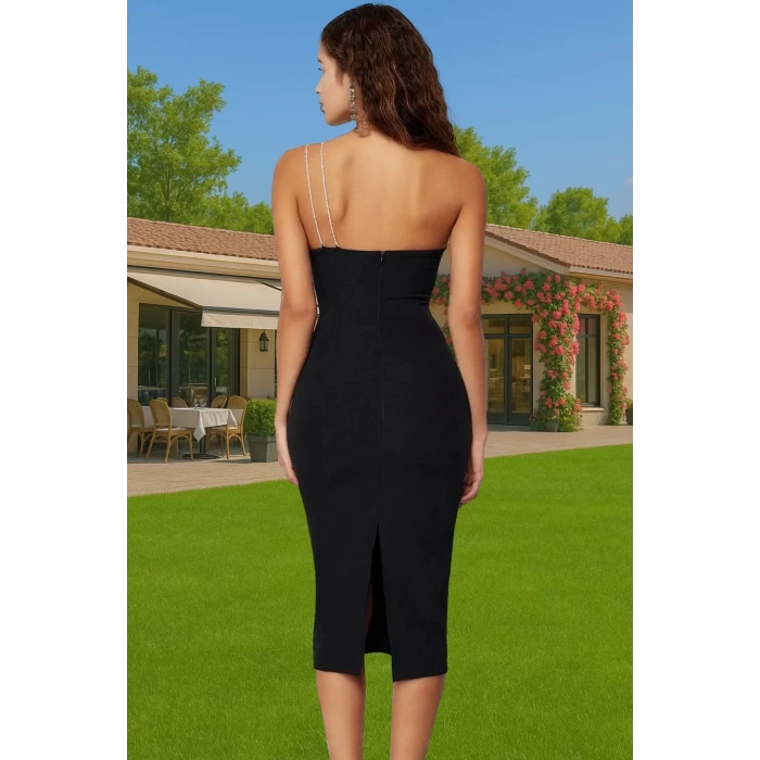Asimetrik Yaka Midi Bodycon Elbise Polyester Elastan Dokuma Günlük Kullanım İçin