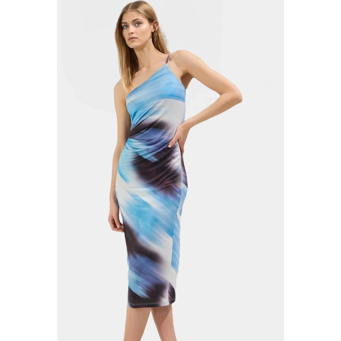 Asimetrik Yaka Midi Elbise Vücut Saran Kalıp Polyester Elastan Kumaş Günlük Kullanım Yüksek Kalite