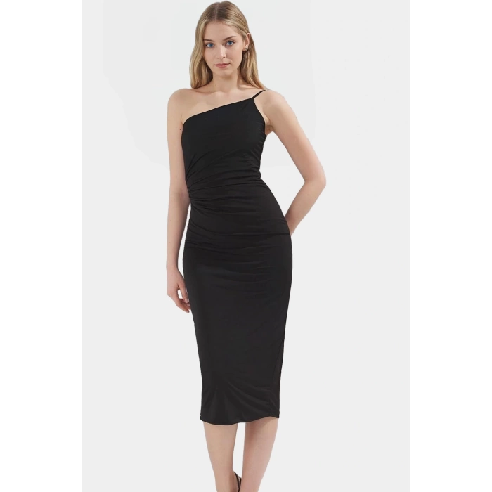 Asimetrik Yaka Midi Elbise Vücut Saran Kalıp Polyester Elastan Kumaş Günlük Kullanım Yüksek Kalite