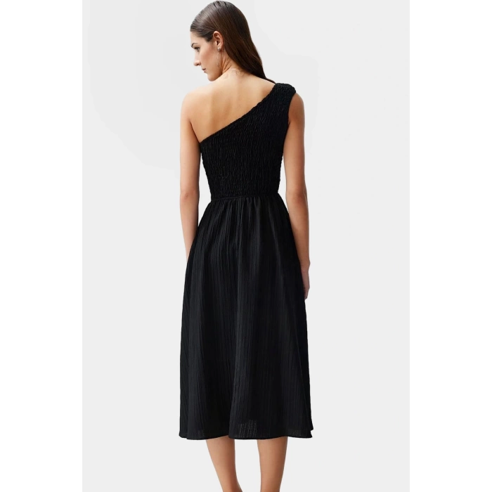 Asimetrik Yaka Midi Elbise Yazlık Şık Dokuma Modern Stil Dayanıklı Malzeme Uzun Ömürlü