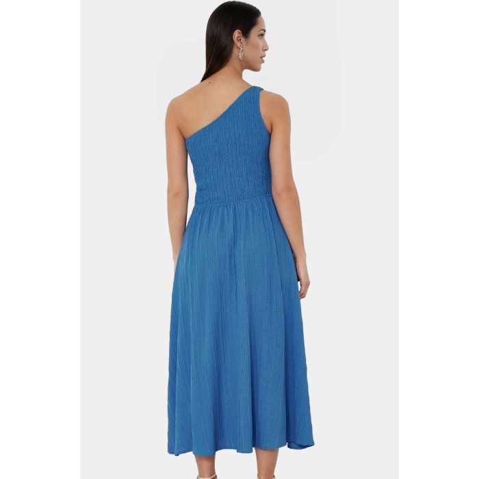 Asimetrik Yaka Midi Elbise Yazlık Şık Dokuma Modern Stil Dayanıklı Malzeme Uzun Ömürlü