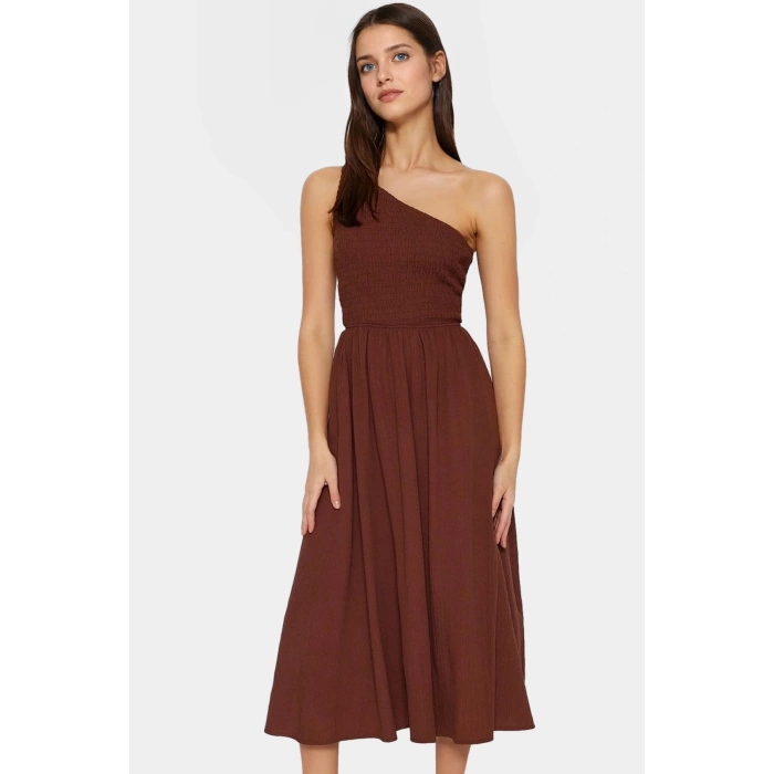 Asimetrik Yaka Midi Elbise Yazlık Şık Dokuma Modern Stil Dayanıklı Malzeme Uzun Ömürlü