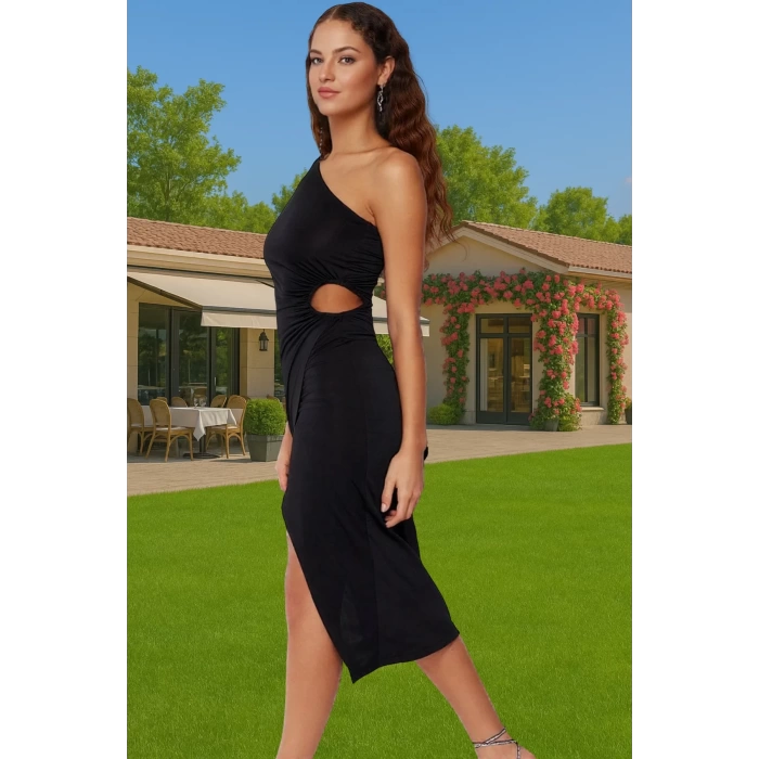 Asimetrik Yaka Midi Örme Elbise Cut Out Detay Vücudu Saran Konforlu Kesim Modern Stil Rahat Kullanım