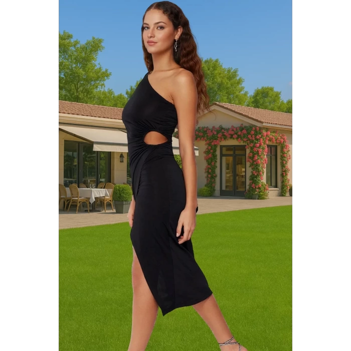 Asimetrik Yaka Midi Örme Elbise Cut Out Detay Vücudu Saran Konforlu Kesim Modern Stil Rahat Kullanım