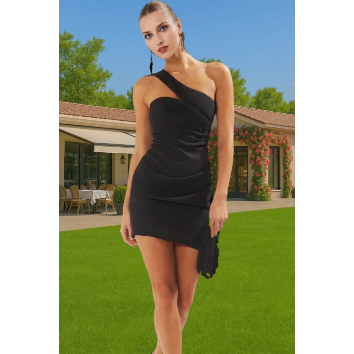 Asimetrik Yaka Mini Elbise Bodycon Kalıp Polyester Elastan Şık Elbise Seçkin Malzeme Özenle Seçilmiş