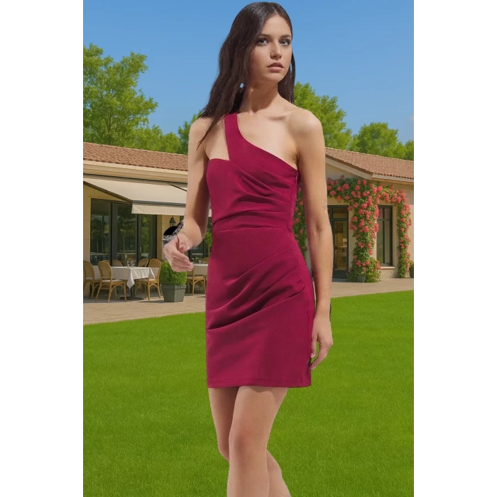 Asimetrik Yaka Mini Elbise Bodycon Kalıp Polyester Elastan Şık Elbise Seçkin Malzeme Özenle Seçilmiş