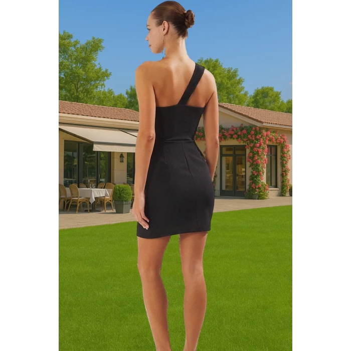 Asimetrik Yaka Mini Elbise Bodycon Kalıp Polyester Elastan Şık Elbise Seçkin Malzeme Özenle Seçilmiş
