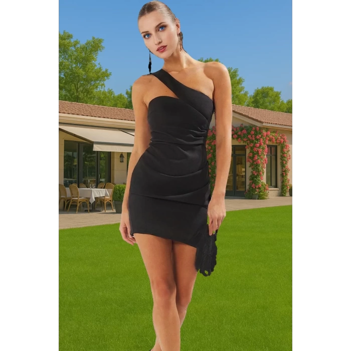 Asimetrik Yaka Mini Elbise Bodycon Kalıp Polyester Elastan Şık Elbise Seçkin Malzeme Özenle Seçilmiş